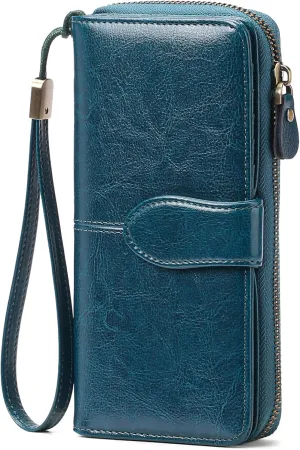 Genuine Leather Wallet for Women RFID Blocking Clutch Wristlet Purse Large Capacity Zip Around (Blue)