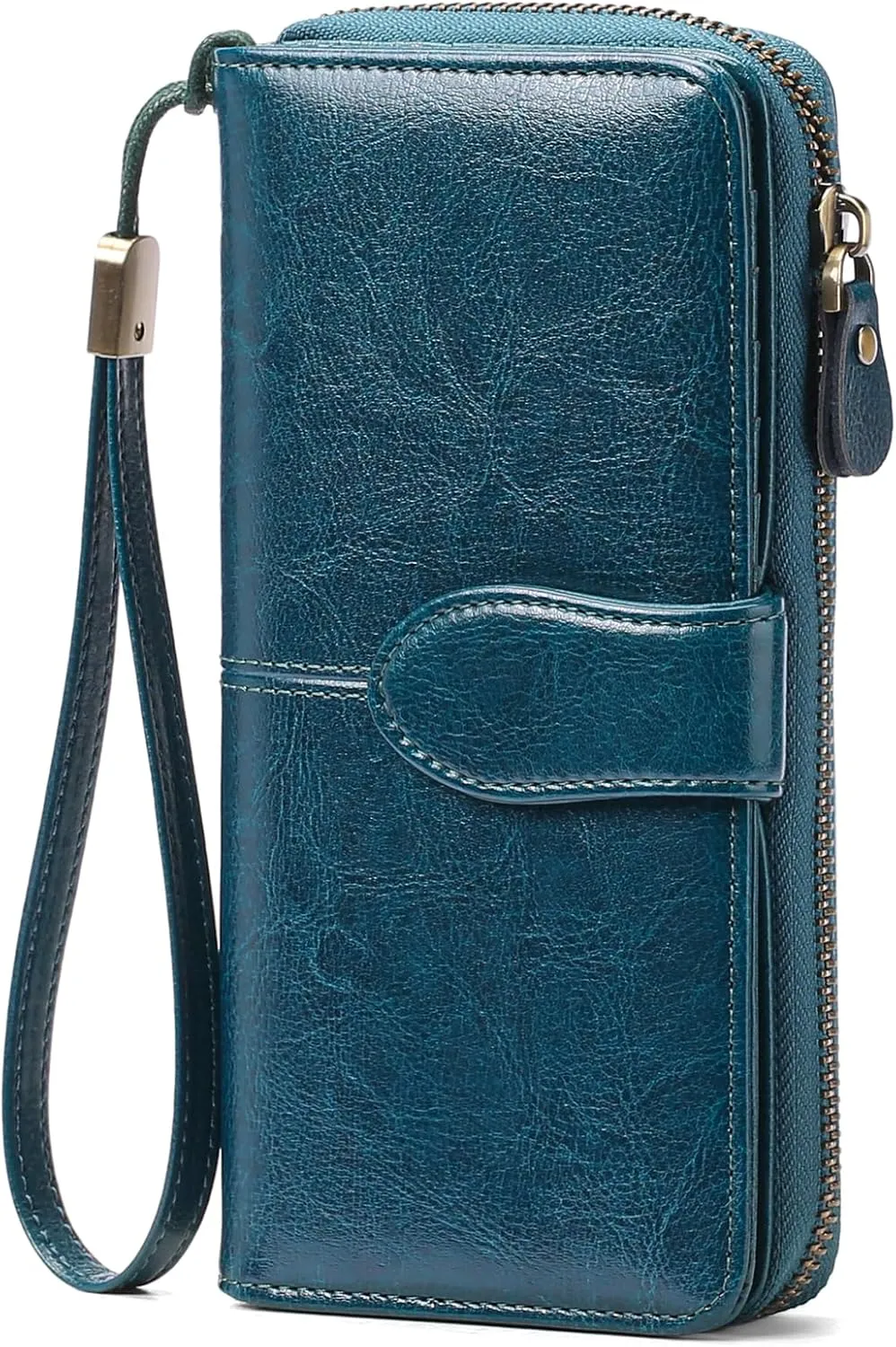 Genuine Leather Wallet for Women RFID Blocking Clutch Wristlet Purse Large Capacity Zip Around (Blue)