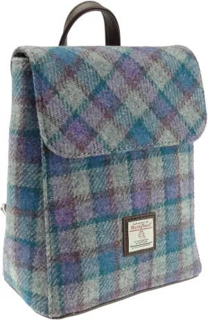 Genuine Scottish Harris Tweed Mini Backpack/Rucksack 'Tummel' in Multi Colour Tartan - LB1213, Blue/Purple Check on Grey - Col98, One Size