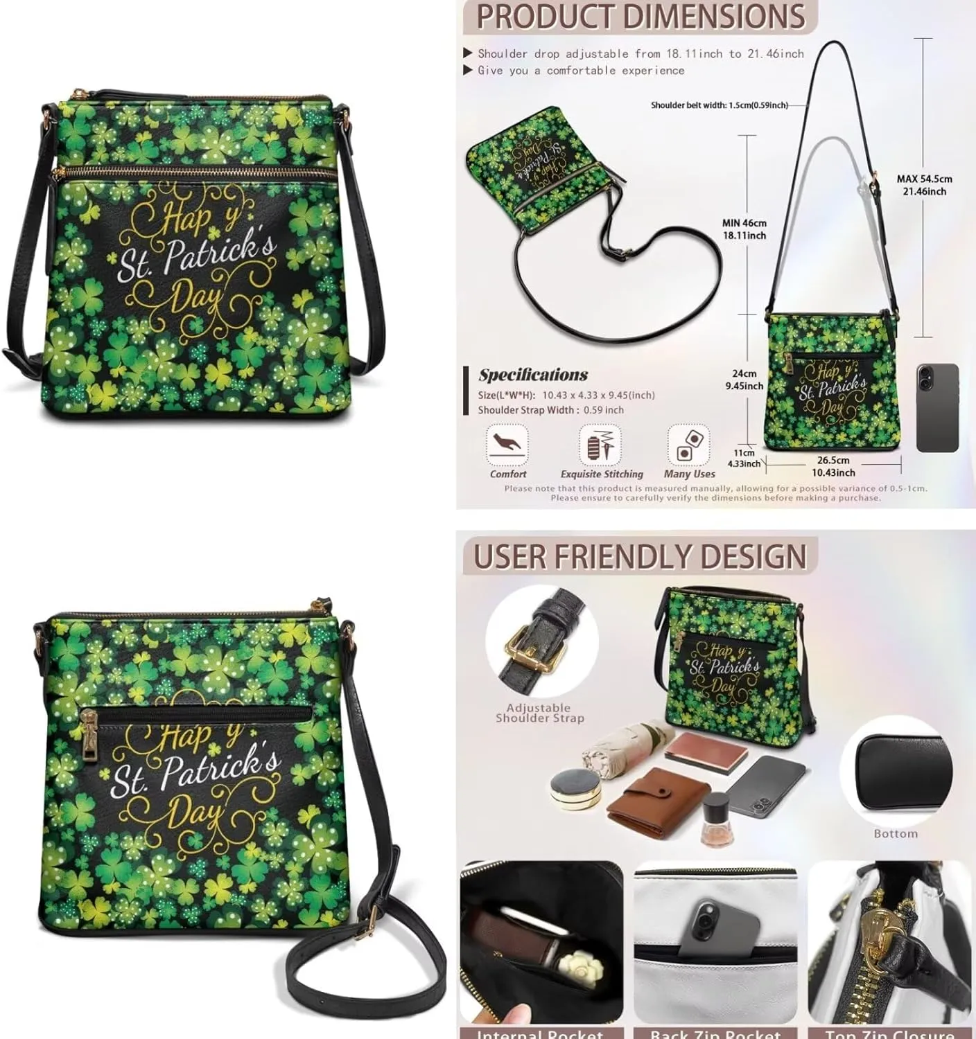 GIFTPUZZ Women Crossbody Purse and Wallet Set for St. Patrick's Day Green Shoulder Bag Leather Tote Bag Lady Handbags