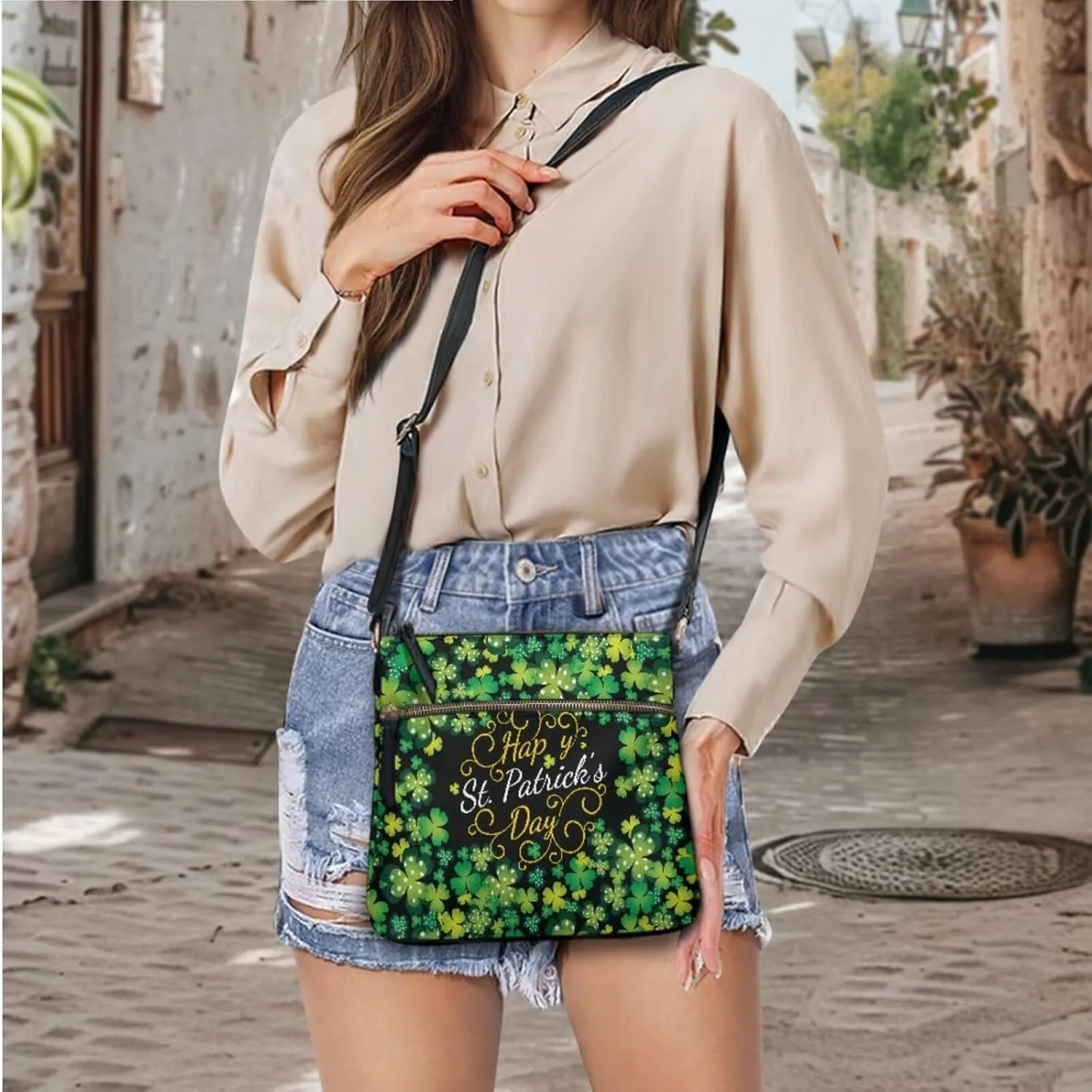 GIFTPUZZ Women Crossbody Purse and Wallet Set for St. Patrick's Day Green Shoulder Bag Leather Tote Bag Lady Handbags