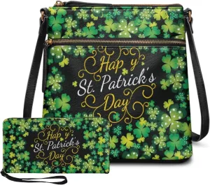 GIFTPUZZ Women Crossbody Purse and Wallet Set for St. Patrick's Day Green Shoulder Bag Leather Tote Bag Lady Handbags