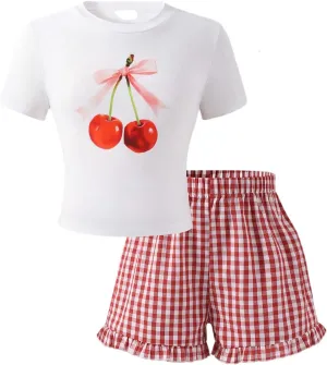 Girl's 2 Piece Cherry Print Summer Outfits Short Sleeve T Shirts and Plaid Ruffled Shorts Cute Clothes