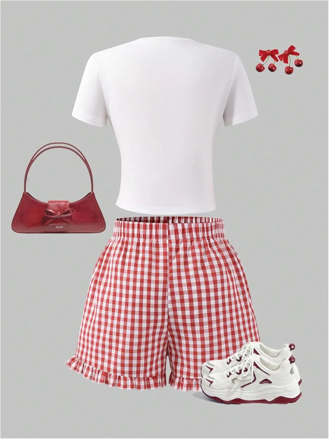 Girl's 2 Piece Cherry Print Summer Outfits Short Sleeve T Shirts and Plaid Ruffled Shorts Cute Clothes