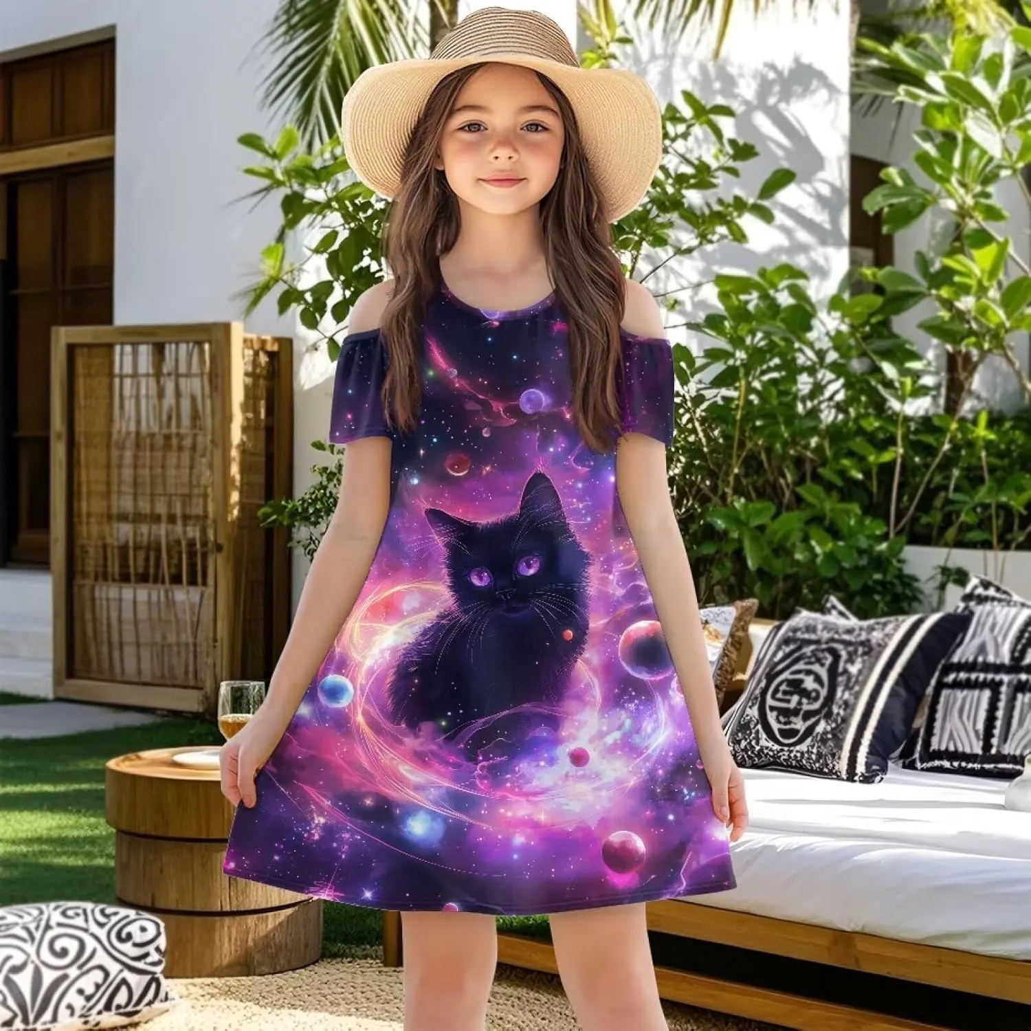 Girls Summer Cold Shoulder Dresses 3-14Years Kids Casual Short Sleeve Mini School Party Dress with Pockets