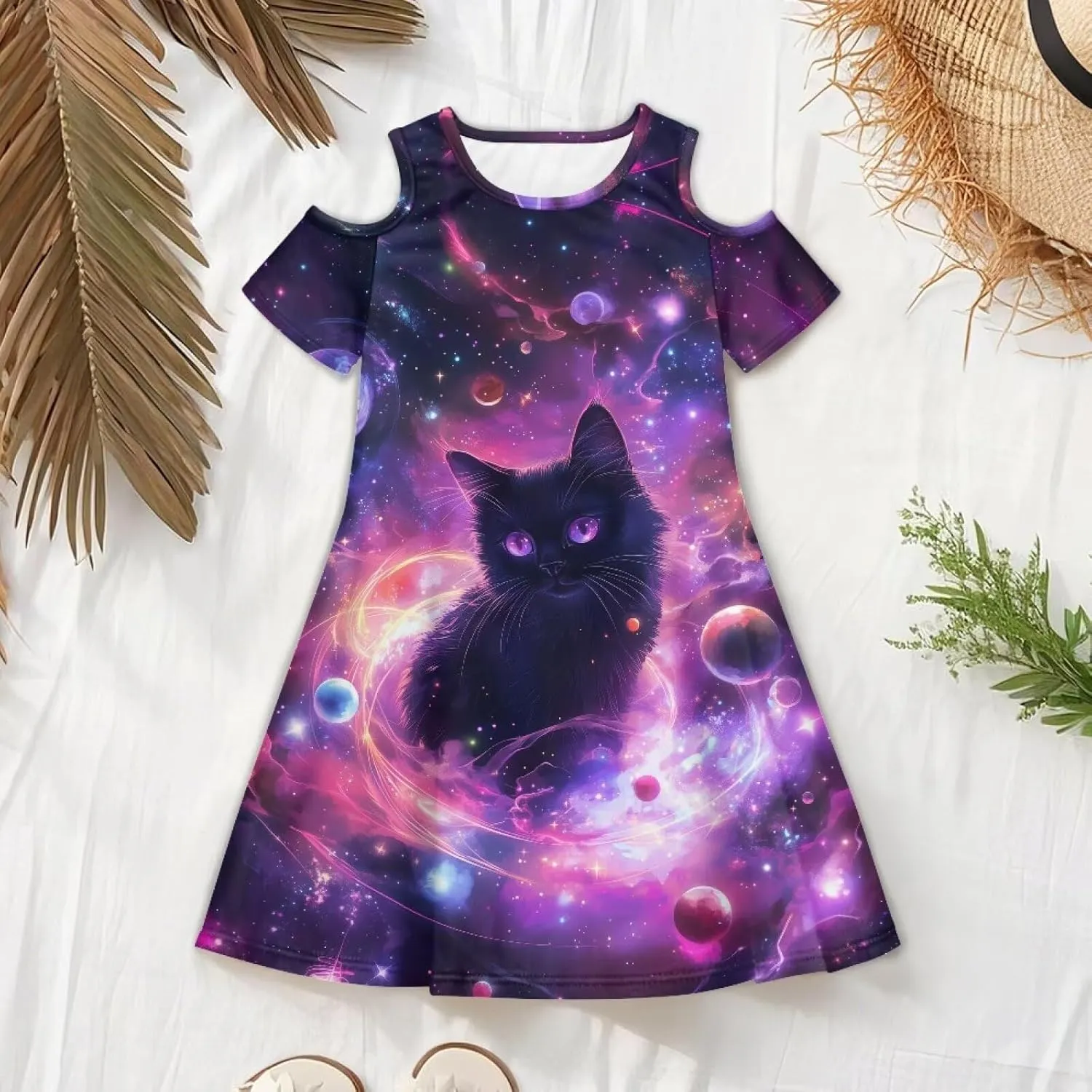 Girls Summer Cold Shoulder Dresses 3-14Years Kids Casual Short Sleeve Mini School Party Dress with Pockets
