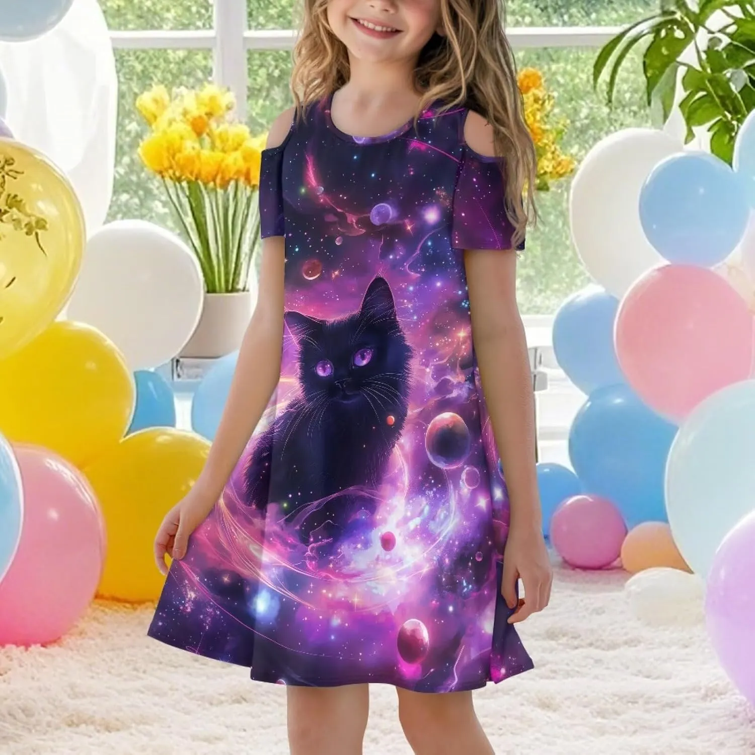 Girls Summer Cold Shoulder Dresses 3-14Years Kids Casual Short Sleeve Mini School Party Dress with Pockets