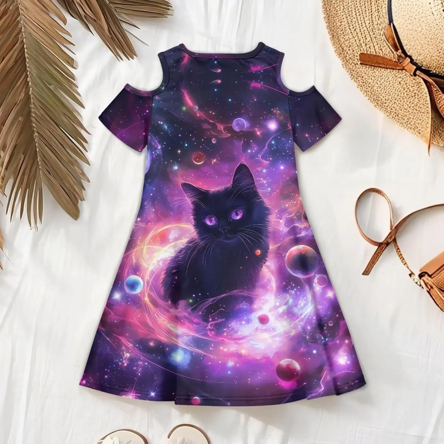 Girls Summer Cold Shoulder Dresses 3-14Years Kids Casual Short Sleeve Mini School Party Dress with Pockets
