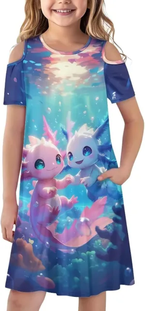 Girls Summer Dresses 3-14Y Kids Cold Shoulder Dress Short Sleeve Mini Under The Sea Sundress with Pockets
