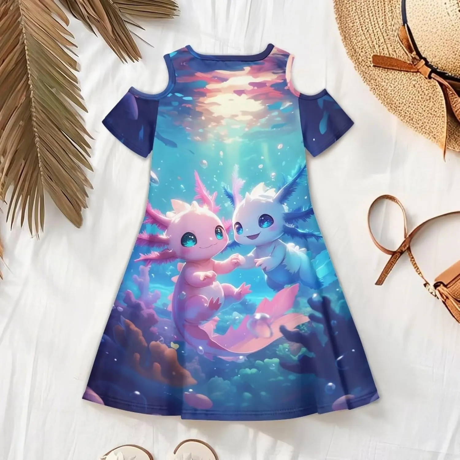 Girls Summer Dresses 3-14Y Kids Cold Shoulder Dress Short Sleeve Mini Under The Sea Sundress with Pockets