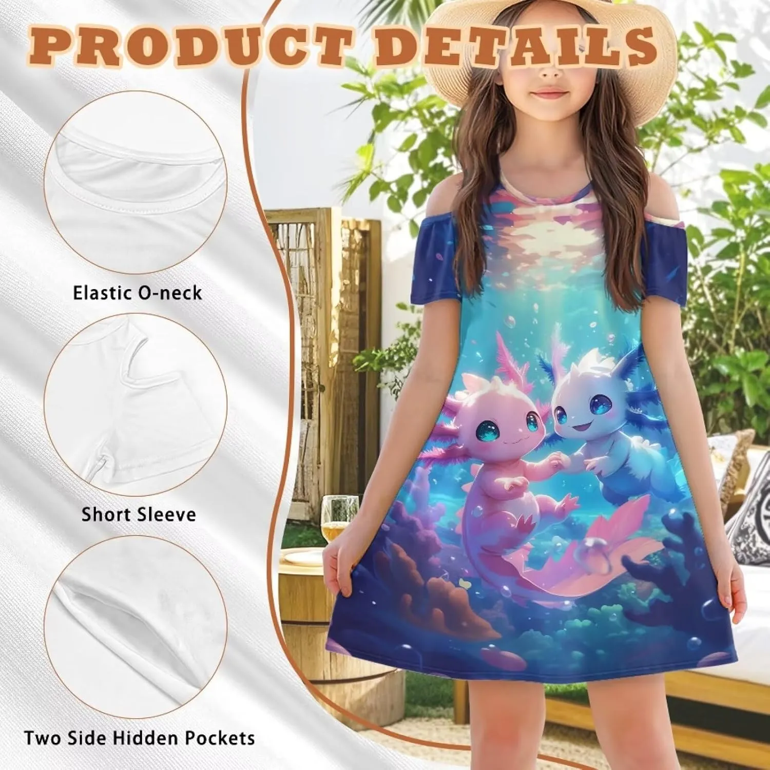 Girls Summer Dresses 3-14Y Kids Cold Shoulder Dress Short Sleeve Mini Under The Sea Sundress with Pockets