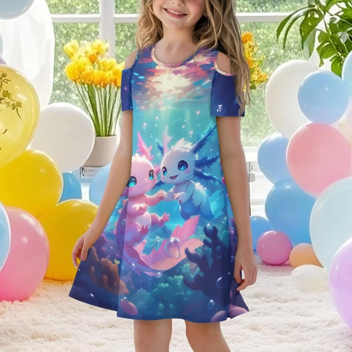 Girls Summer Dresses 3-14Y Kids Cold Shoulder Dress Short Sleeve Mini Under The Sea Sundress with Pockets