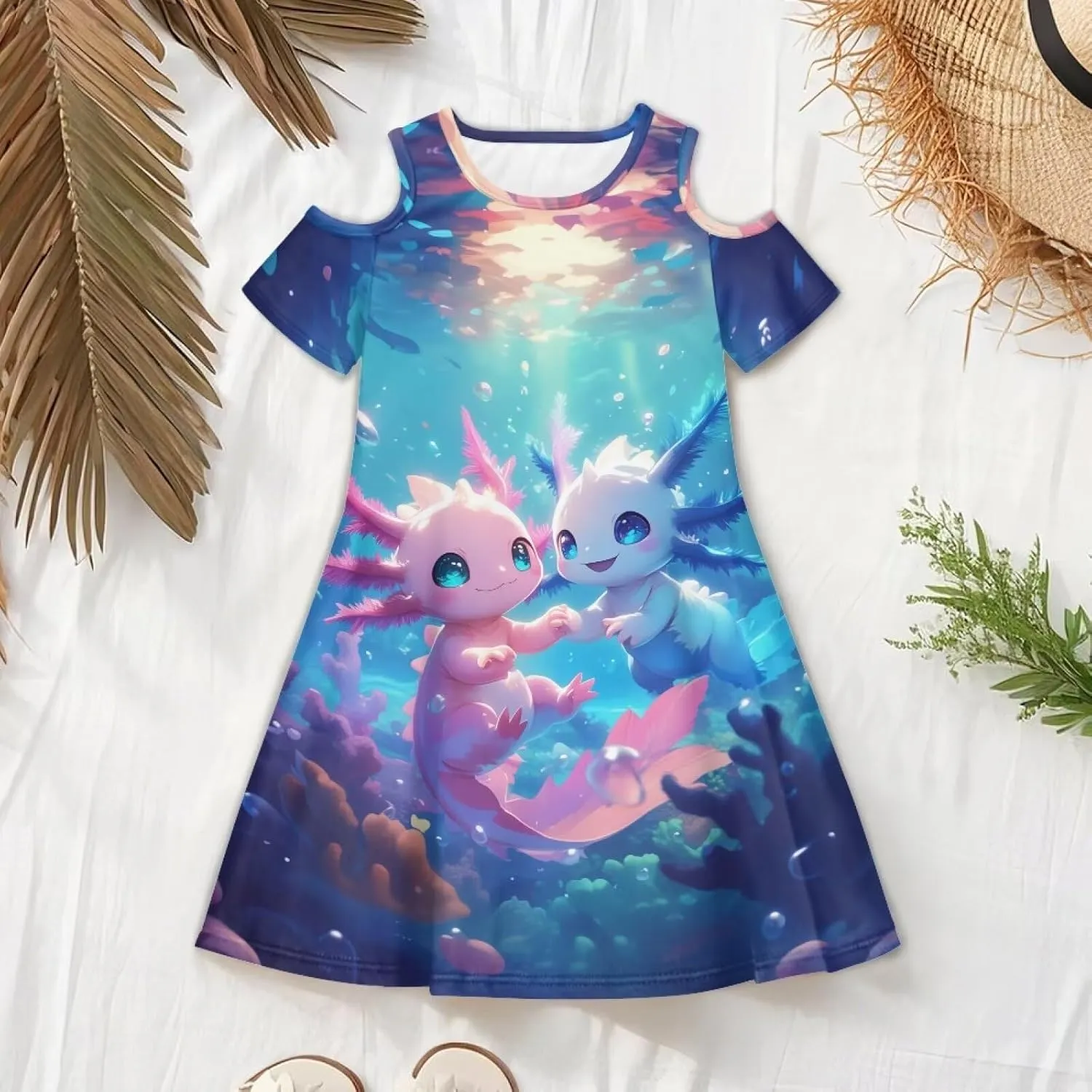 Girls Summer Dresses 3-14Y Kids Cold Shoulder Dress Short Sleeve Mini Under The Sea Sundress with Pockets