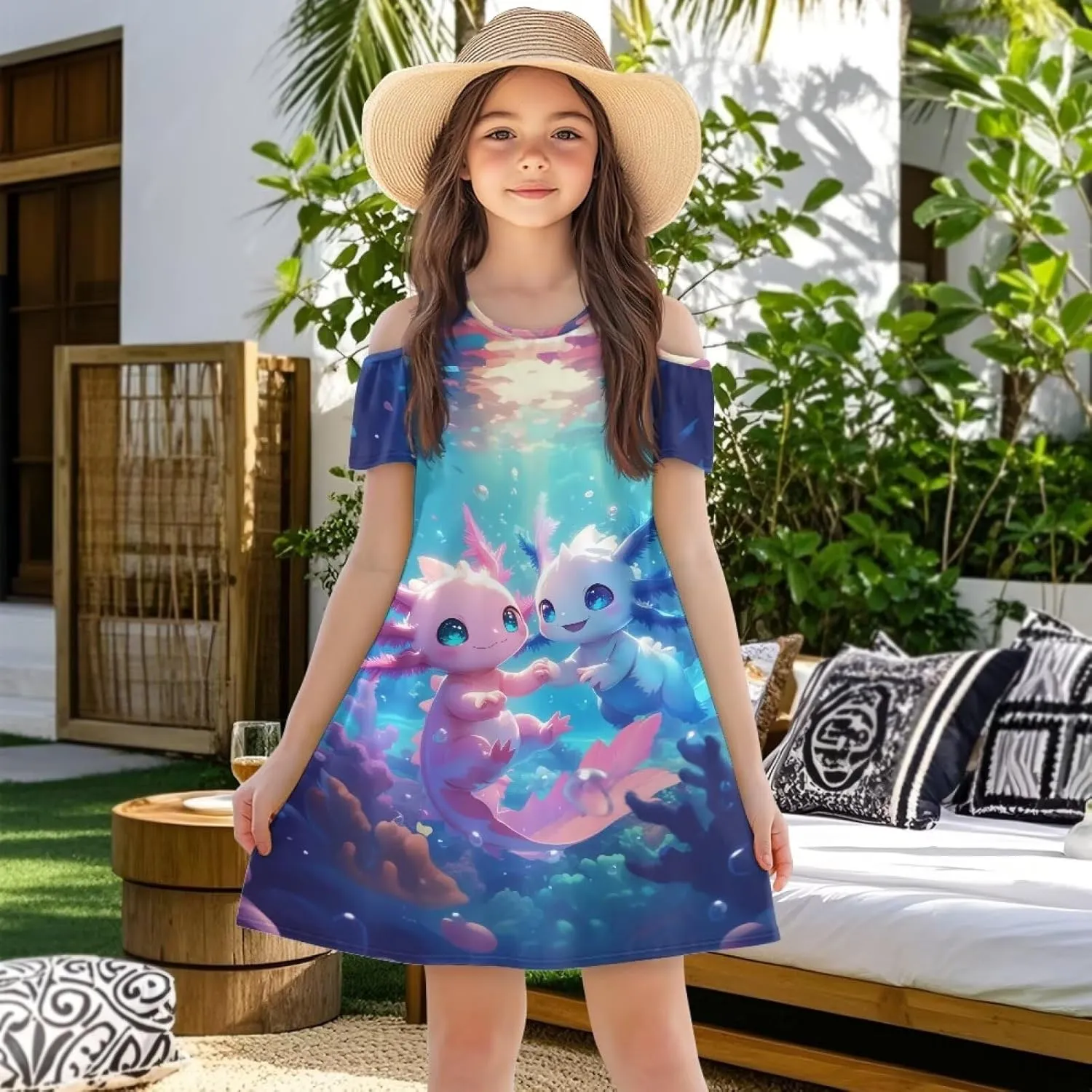 Girls Summer Dresses 3-14Y Kids Cold Shoulder Dress Short Sleeve Mini Under The Sea Sundress with Pockets