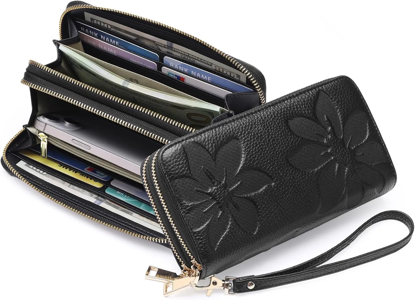 GOIACII Women's Wallet Large Capacity Double Zip Ladies Card Phone Holder RFID Blocking Wristlet Leather