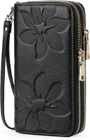 GOIACII Women's Wallet Large Capacity Double Zip Ladies Card Phone Holder RFID Blocking Wristlet Leather
