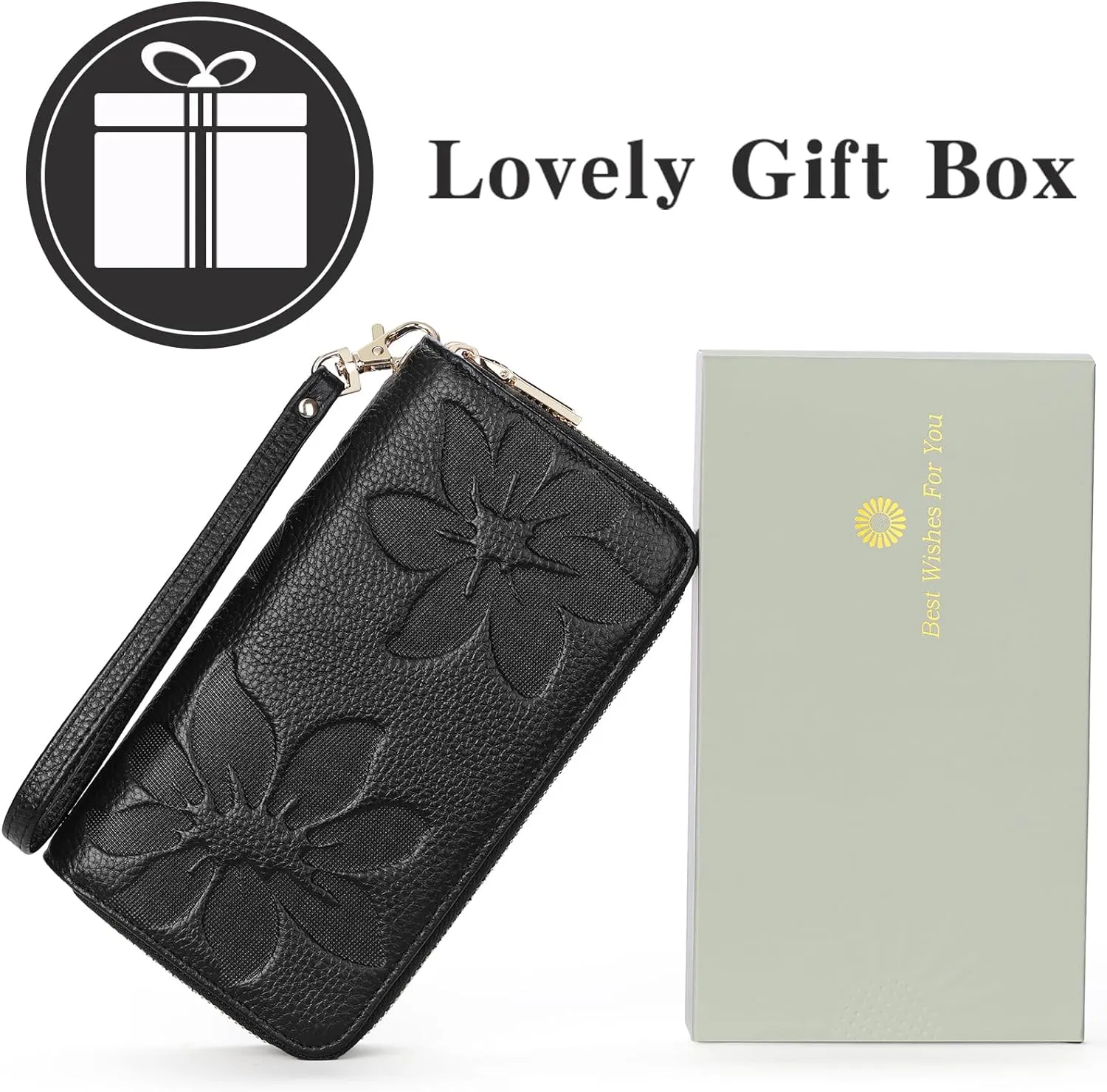 GOIACII Women's Wallet Large Capacity Double Zip Ladies Card Phone Holder RFID Blocking Wristlet Leather