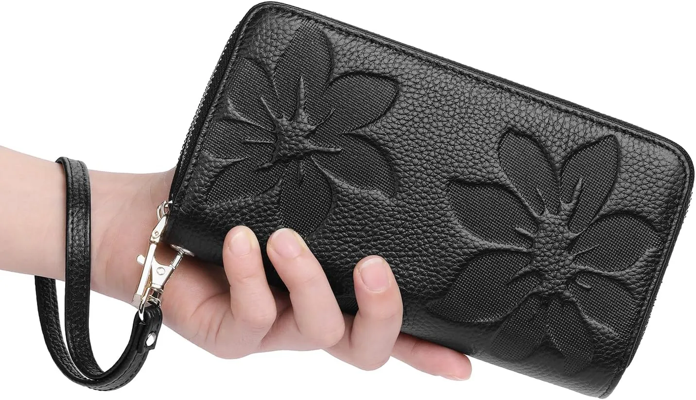 GOIACII Women's Wallet Large Capacity Double Zip Ladies Card Phone Holder RFID Blocking Wristlet Leather
