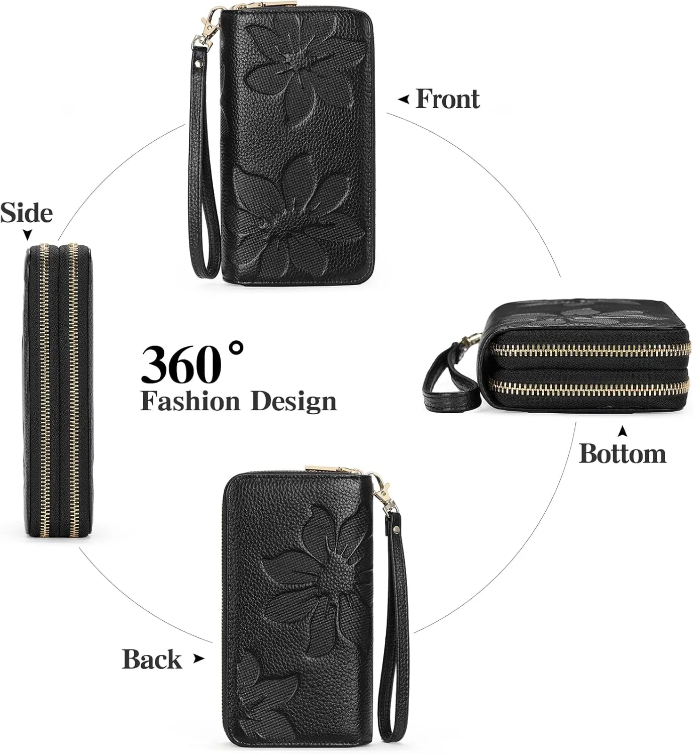 GOIACII Women's Wallet Large Capacity Double Zip Ladies Card Phone Holder RFID Blocking Wristlet Leather