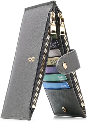 GOIACII Womens Wallet Rfid Blocking Bifold Credit Card Holder with 2 Zipper Pockets Grey
