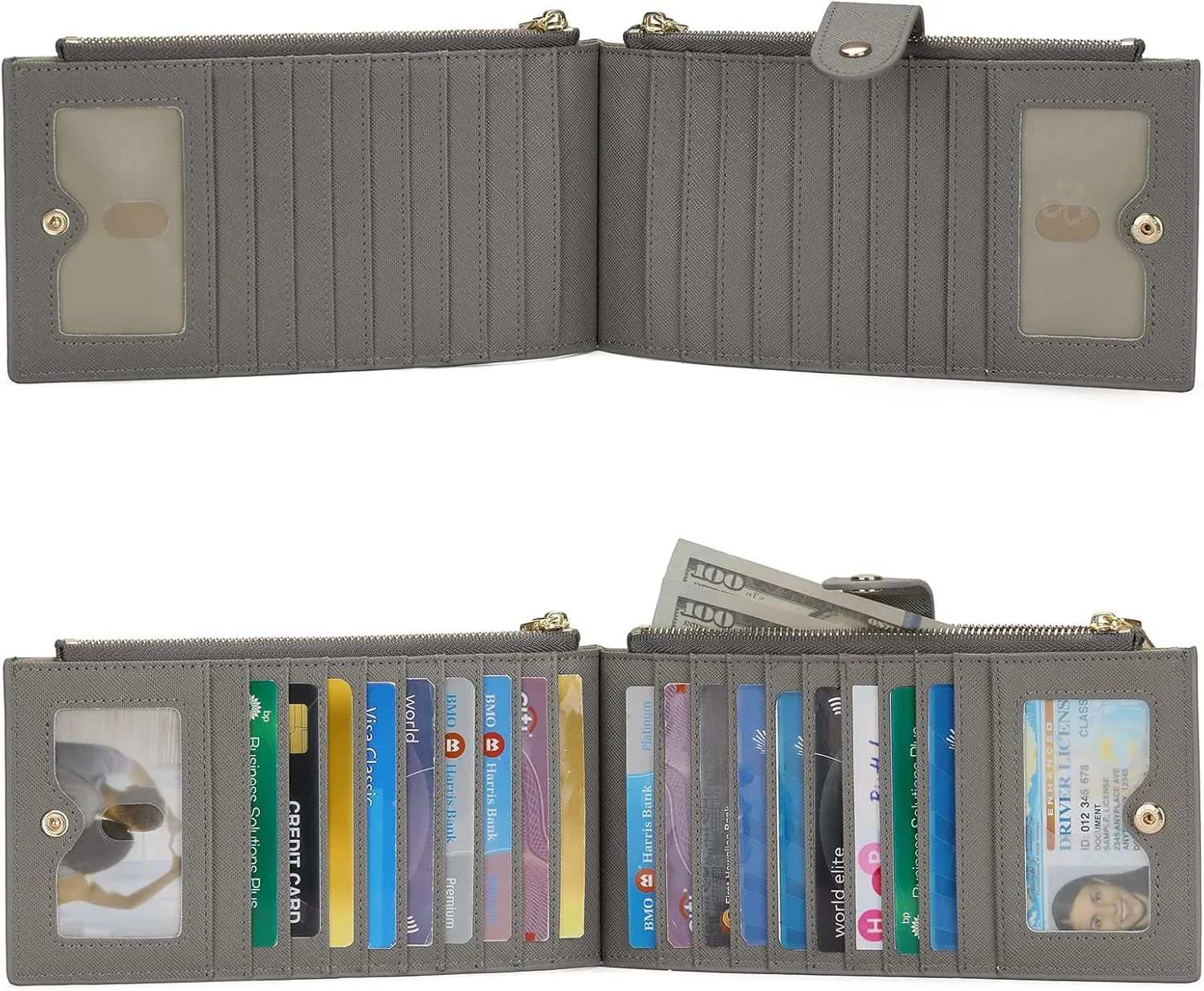 GOIACII Womens Wallet Rfid Blocking Bifold Credit Card Holder with 2 Zipper Pockets Grey