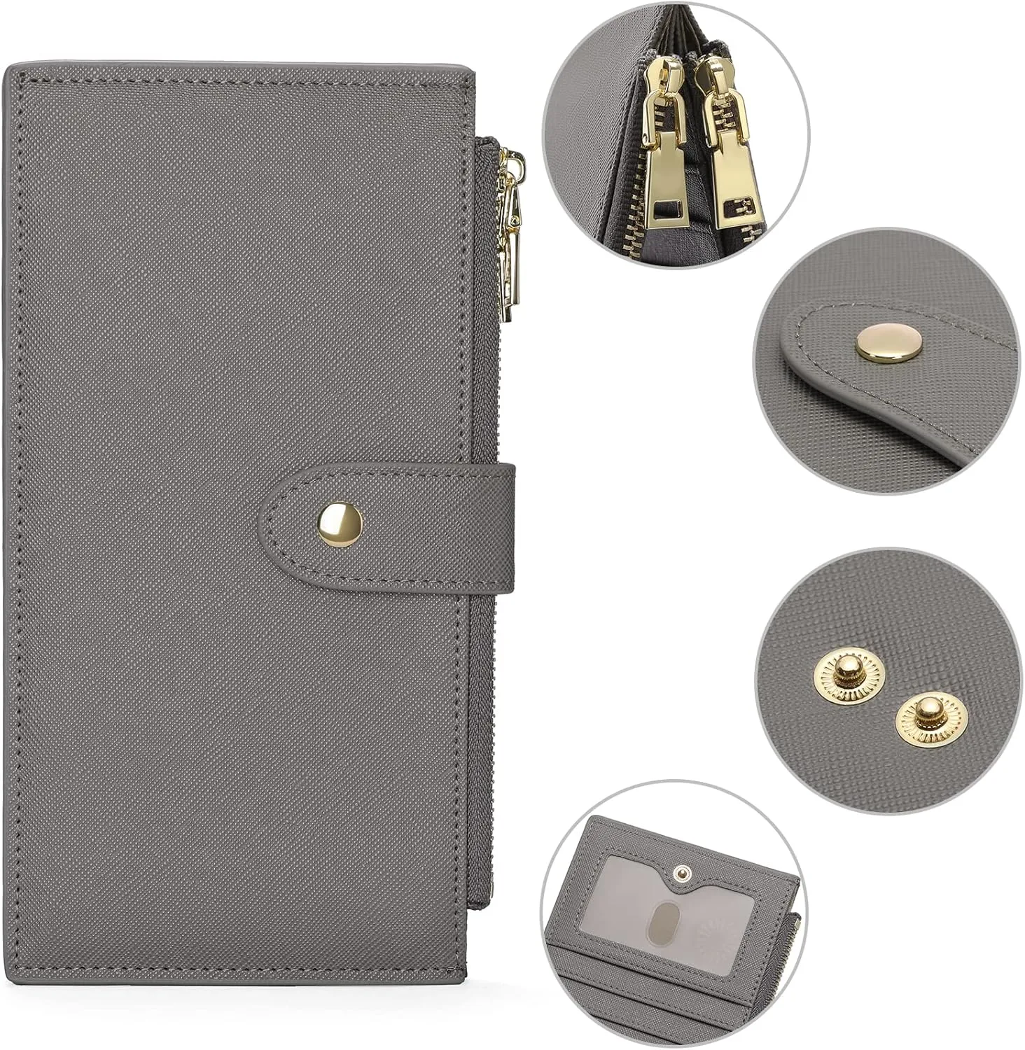 GOIACII Womens Wallet Rfid Blocking Bifold Credit Card Holder with 2 Zipper Pockets Grey