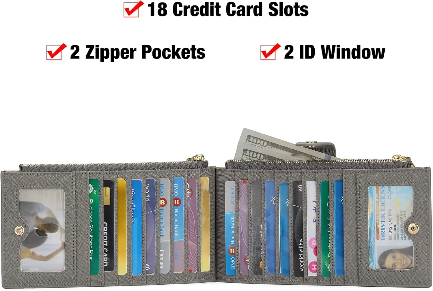 GOIACII Womens Wallet Rfid Blocking Bifold Credit Card Holder with 2 Zipper Pockets Grey