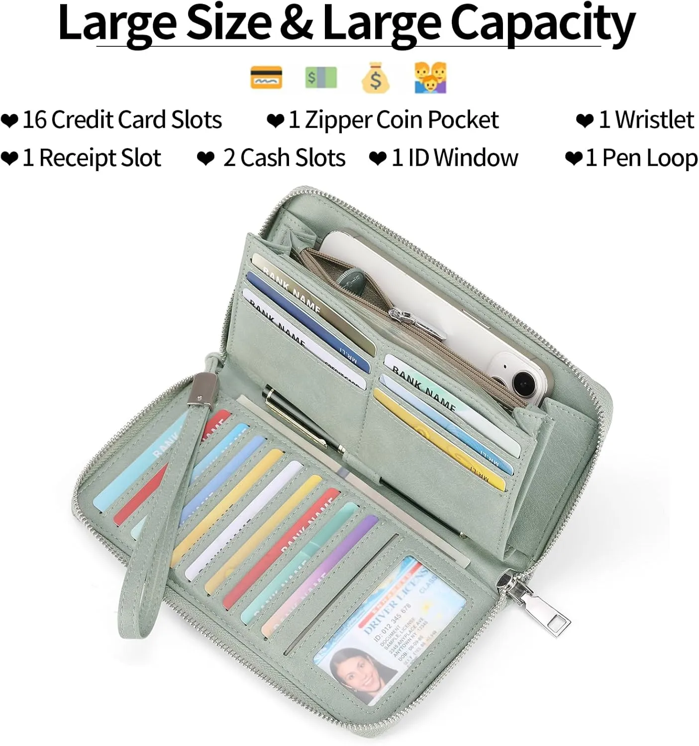 GOIACII Womens Wallet RFID Blocking Leather Large Capacity Long Purse Card Clutch Wristlet