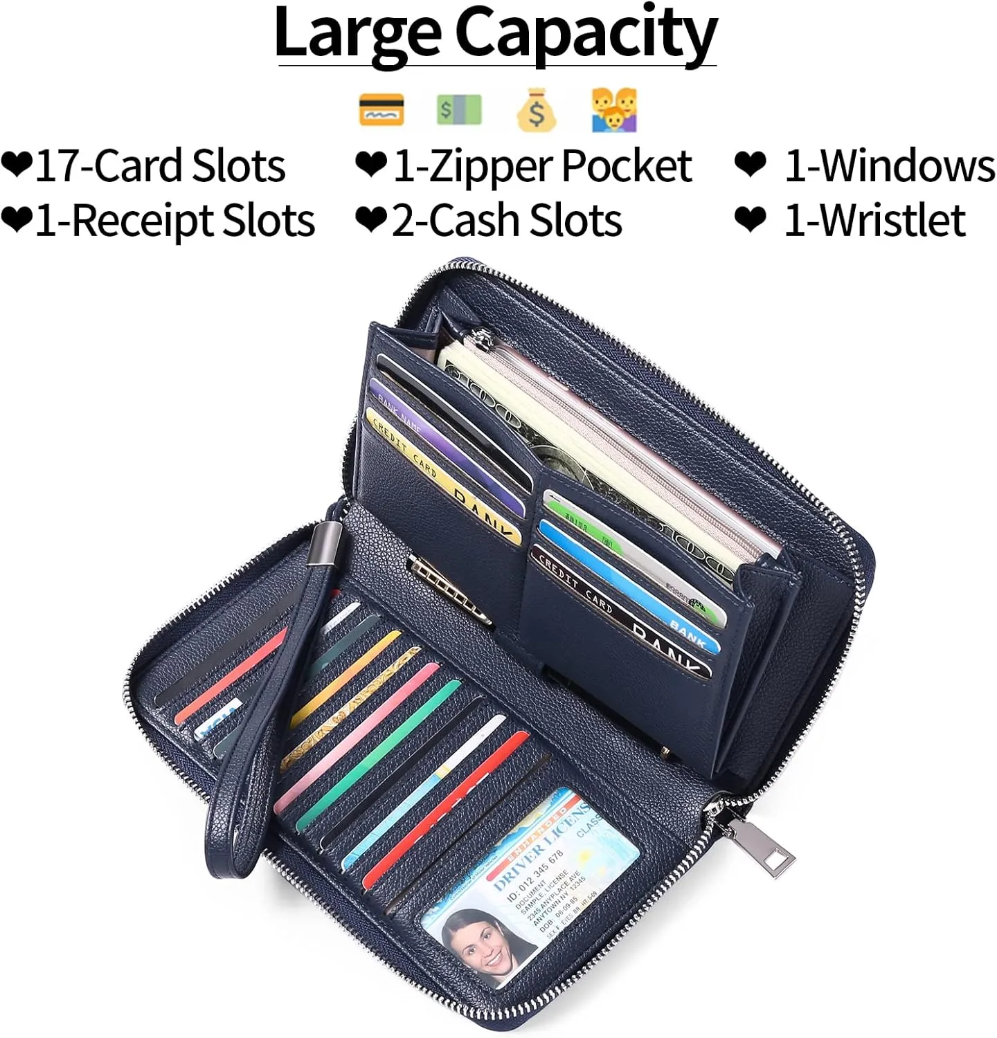 GOIACII Womens Wallet RFID Blocking Leather Zip Around Wallet Large Capacity Long Purse Credit Card Clutch Wristlet