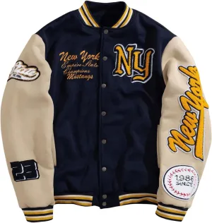 GORGLITTER Men's Letter Graphic Varsity Jacket Long Sleeve Striped Trim Button Bomber Jackets