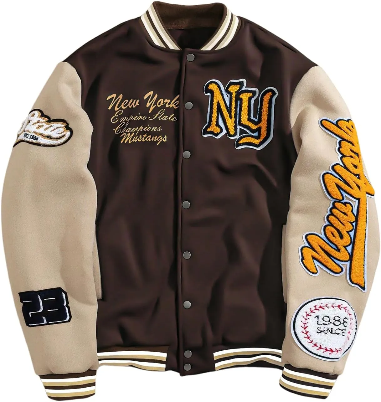 GORGLITTER Men's Letter Graphic Varsity Jacket Long Sleeve Striped Trim Button Bomber Jackets
