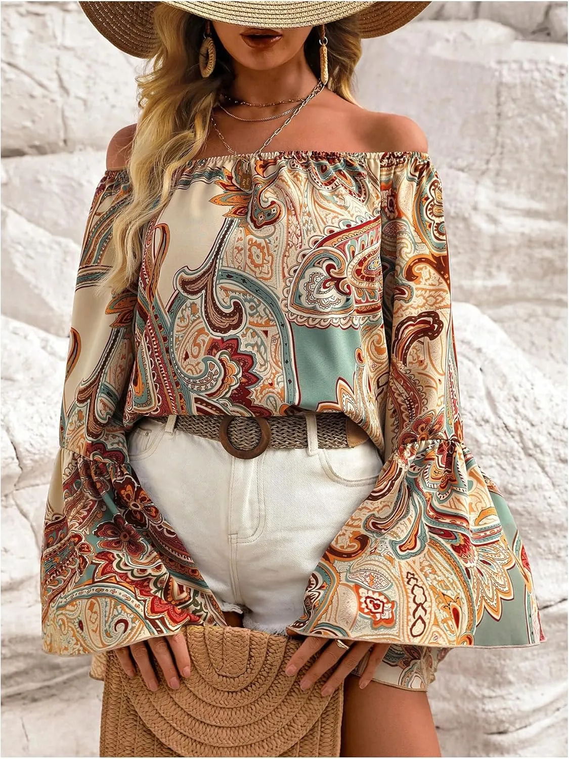 GORGLITTER Women's Off The Shoulder Bell Long Sleeve Top Allover Print Blouse Shirts