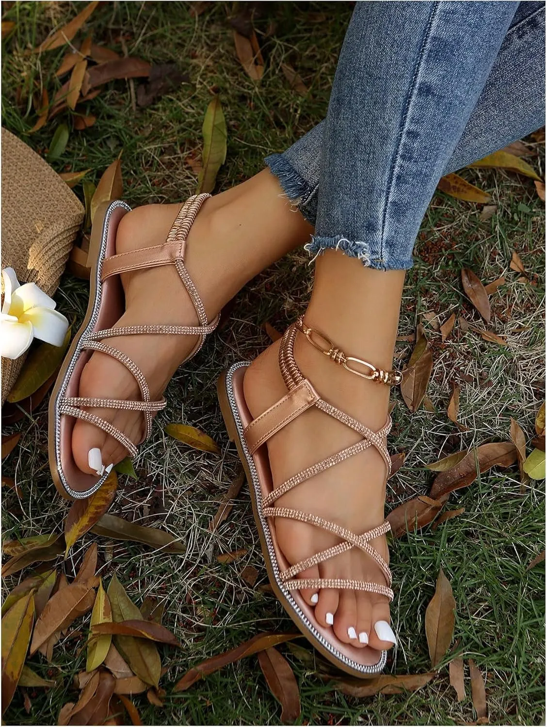 GORGLITTER Women's Rhinestone Sandals Glitter Open Toe Flats Sandal Sparkle Slingback Slides
