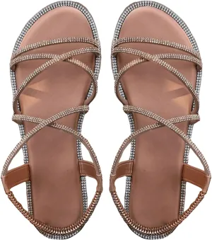 GORGLITTER Women's Rhinestone Sandals Glitter Open Toe Flats Sandal Sparkle Slingback Slides