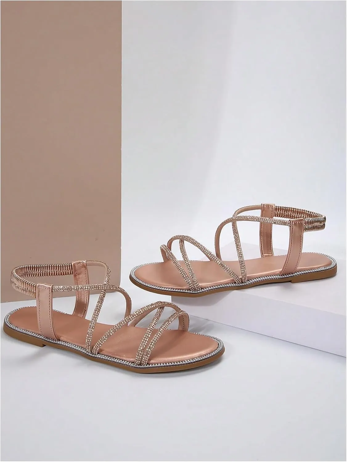 GORGLITTER Women's Rhinestone Sandals Glitter Open Toe Flats Sandal Sparkle Slingback Slides