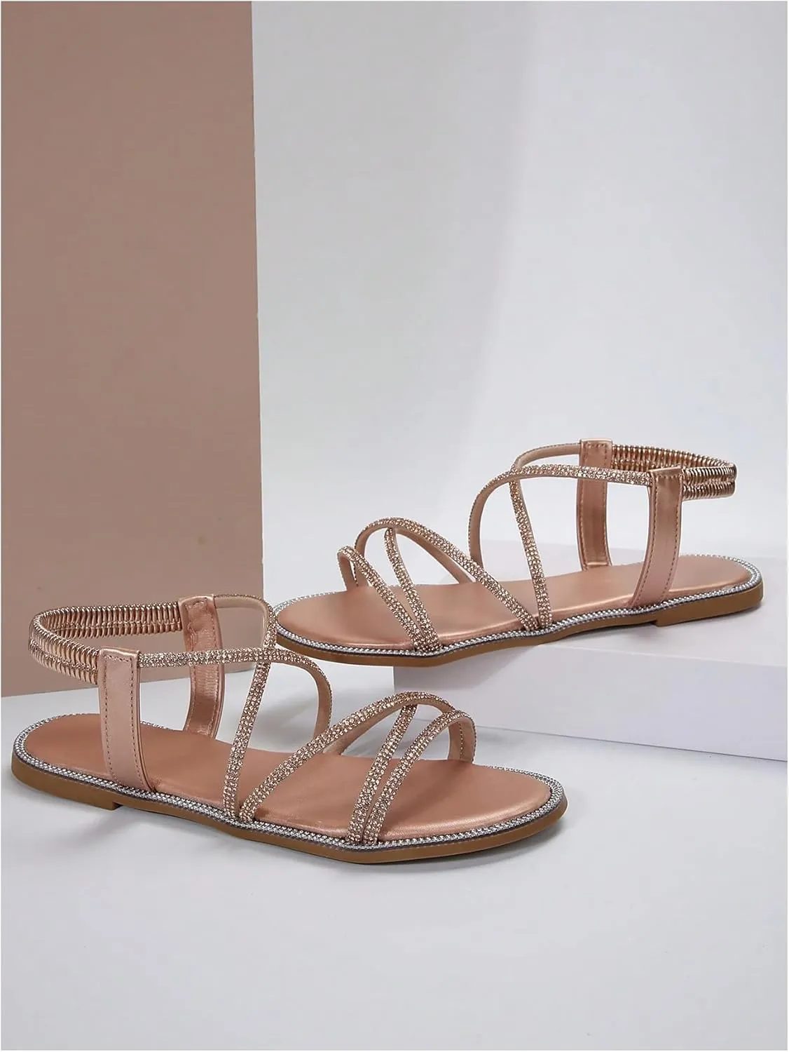 GORGLITTER Women's Rhinestone Sandals Glitter Open Toe Flats Sandal Sparkle Slingback Slides