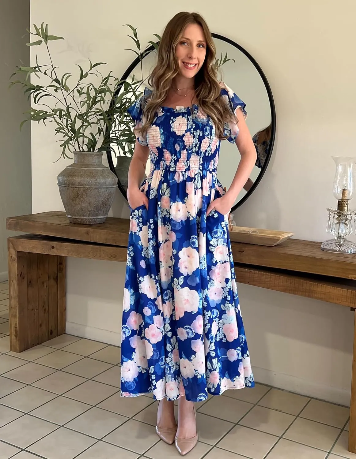 GRACE KARIN Women's 2025 Summer Floral Smocked Off Shoulder Flowy A Line Maxi Dresses Formal Wedding Guest Dress with Pockets