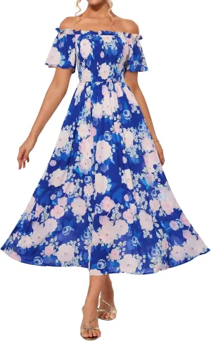 GRACE KARIN Women's 2025 Summer Floral Smocked Off Shoulder Flowy A Line Maxi Dresses Formal Wedding Guest Dress with Pockets