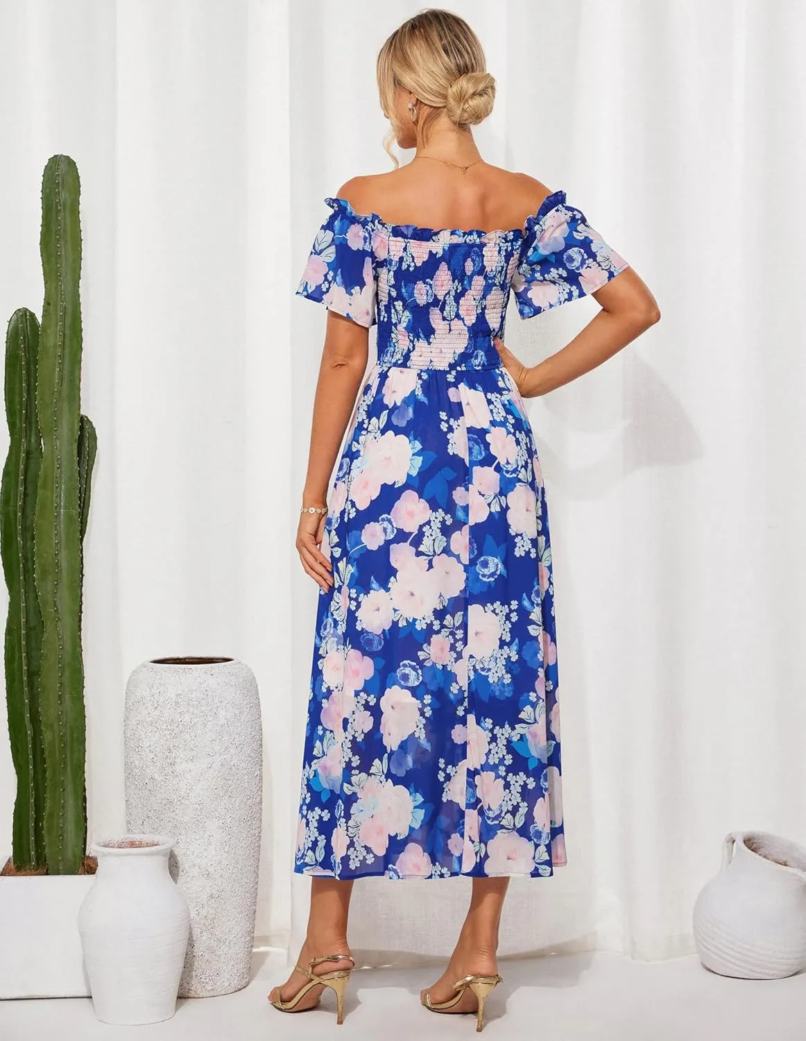 GRACE KARIN Women's 2025 Summer Floral Smocked Off Shoulder Flowy A Line Maxi Dresses Formal Wedding Guest Dress with Pockets