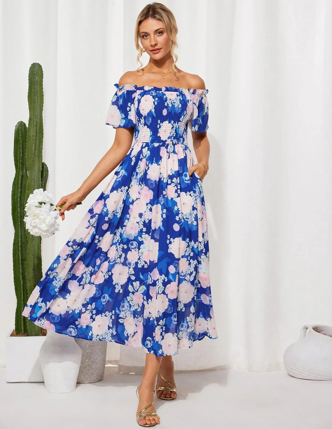 GRACE KARIN Women's 2025 Summer Floral Smocked Off Shoulder Flowy A Line Maxi Dresses Formal Wedding Guest Dress with Pockets