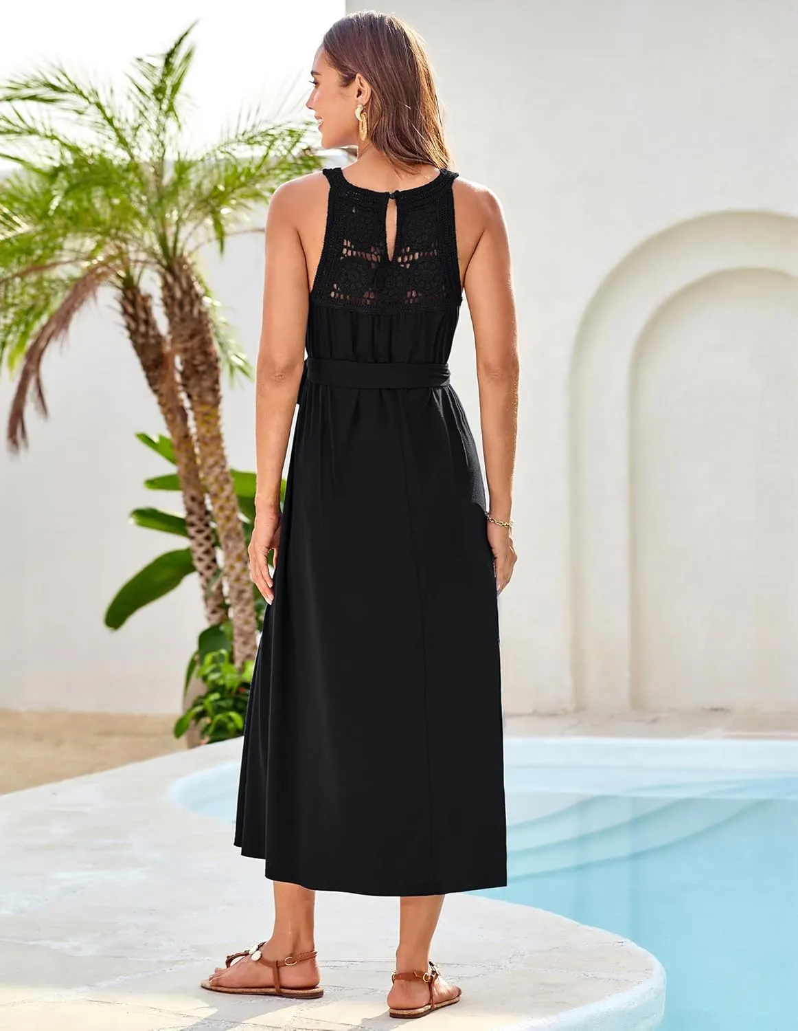 GRACE KARIN Women's 2025 Summer Hollow Out Halter Dresses Casual Swing A-Line Sundress Beach Vacation Maxi Dress with Belt