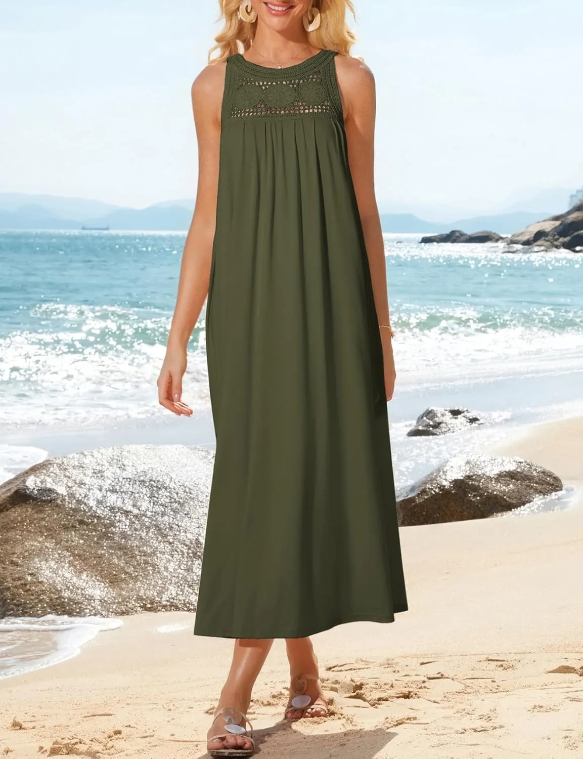 GRACE KARIN Women's 2025 Summer Hollow Out Halter Dresses Casual Swing A-Line Sundress Beach Vacation Maxi Dress with Belt