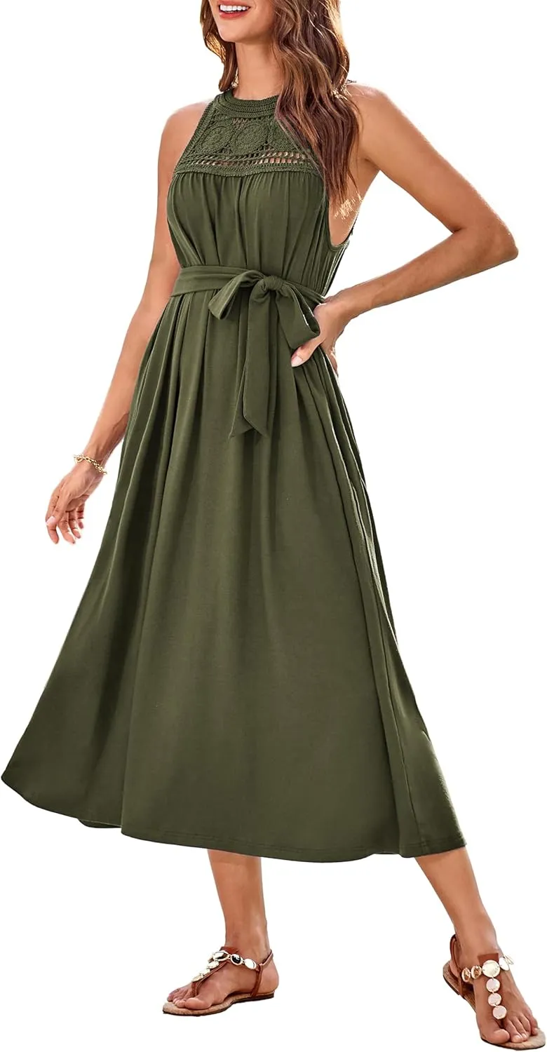 GRACE KARIN Women's 2025 Summer Hollow Out Halter Dresses Casual Swing A-Line Sundress Beach Vacation Maxi Dress with Belt