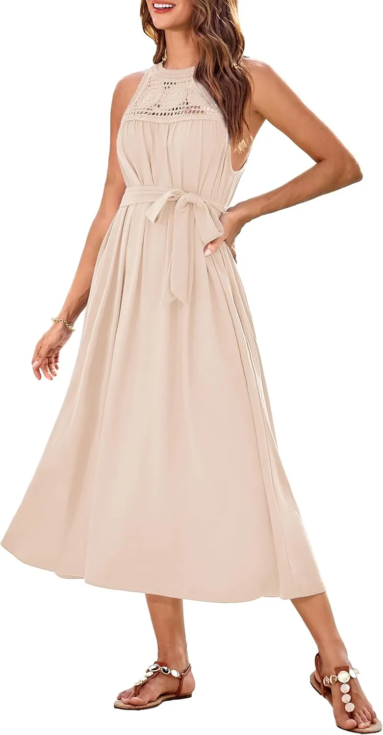GRACE KARIN Women's 2025 Summer Hollow Out Halter Dresses Casual Swing A-Line Sundress Beach Vacation Maxi Dress with Belt