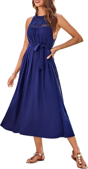 GRACE KARIN Women's 2025 Summer Hollow Out Halter Dresses Casual Swing A-Line Sundress Beach Vacation Maxi Dress with Belt