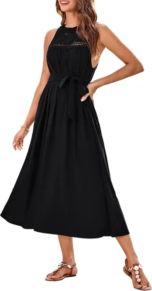 GRACE KARIN Women's 2025 Summer Hollow Out Halter Dresses Casual Swing A-Line Sundress Beach Vacation Maxi Dress with Belt