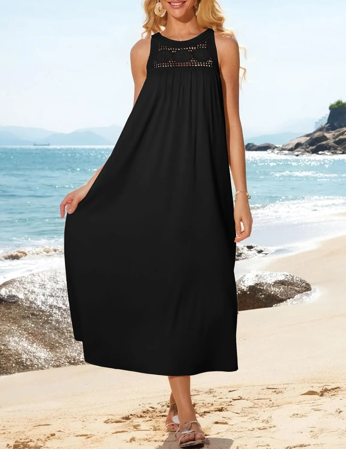 GRACE KARIN Women's 2025 Summer Hollow Out Halter Dresses Casual Swing A-Line Sundress Beach Vacation Maxi Dress with Belt