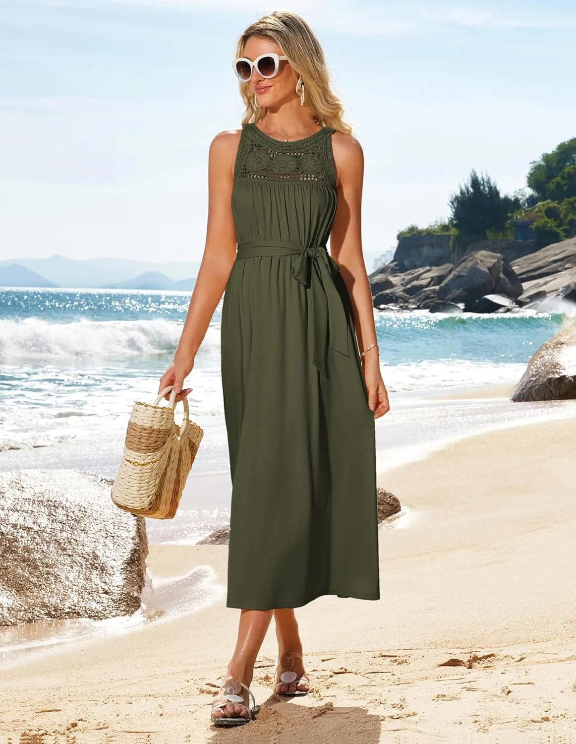 GRACE KARIN Women's 2025 Summer Hollow Out Halter Dresses Casual Swing A-Line Sundress Beach Vacation Maxi Dress with Belt