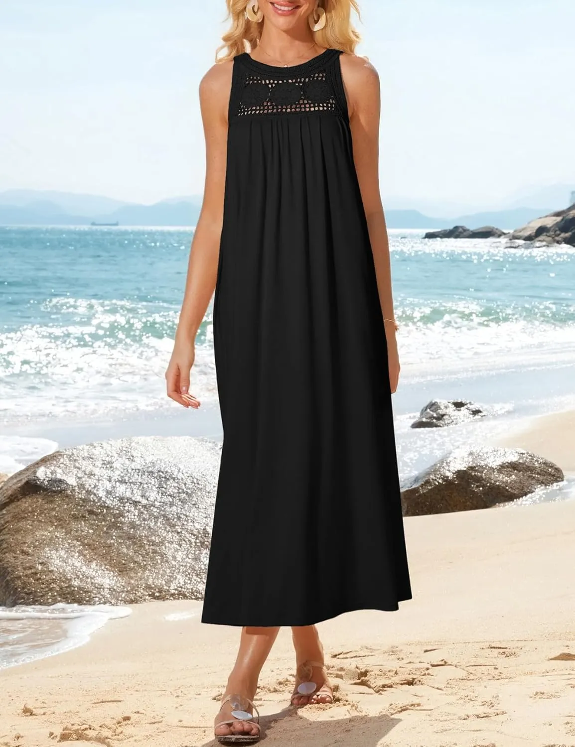 GRACE KARIN Women's 2025 Summer Hollow Out Halter Dresses Casual Swing A-Line Sundress Beach Vacation Maxi Dress with Belt