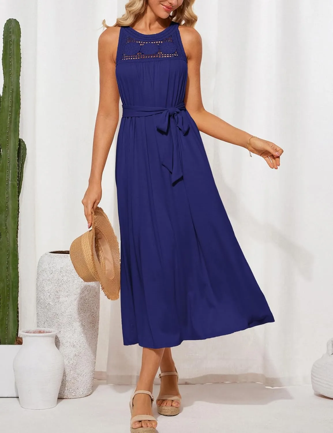 GRACE KARIN Women's 2025 Summer Hollow Out Halter Dresses Casual Swing A-Line Sundress Beach Vacation Maxi Dress with Belt